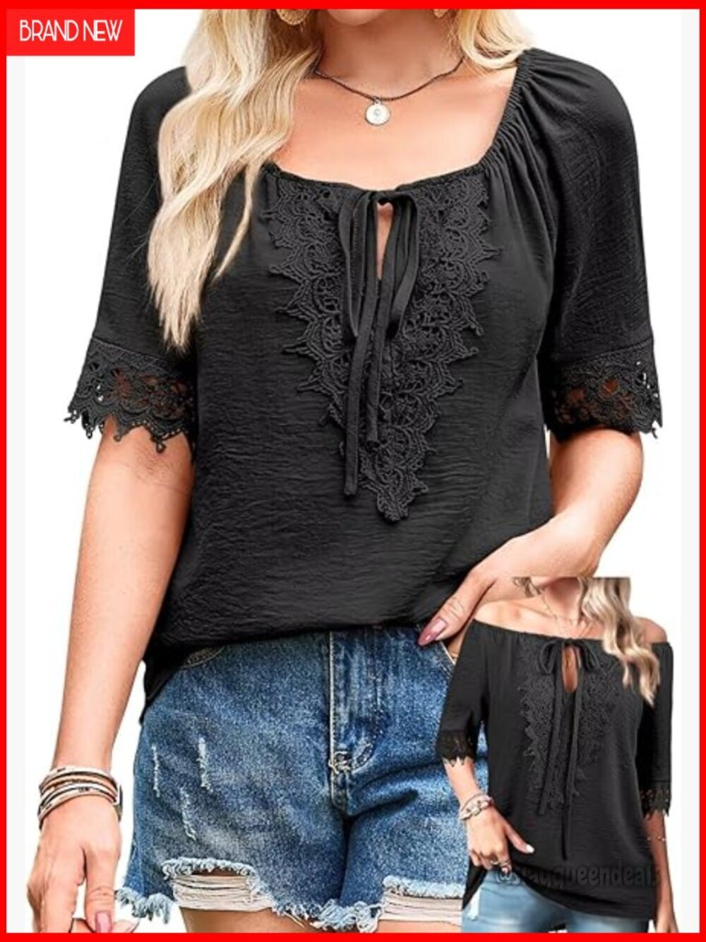 Boho Off Shoulder Crochet Lace Tunic Top Adjustable Tie Front Flowy Summer